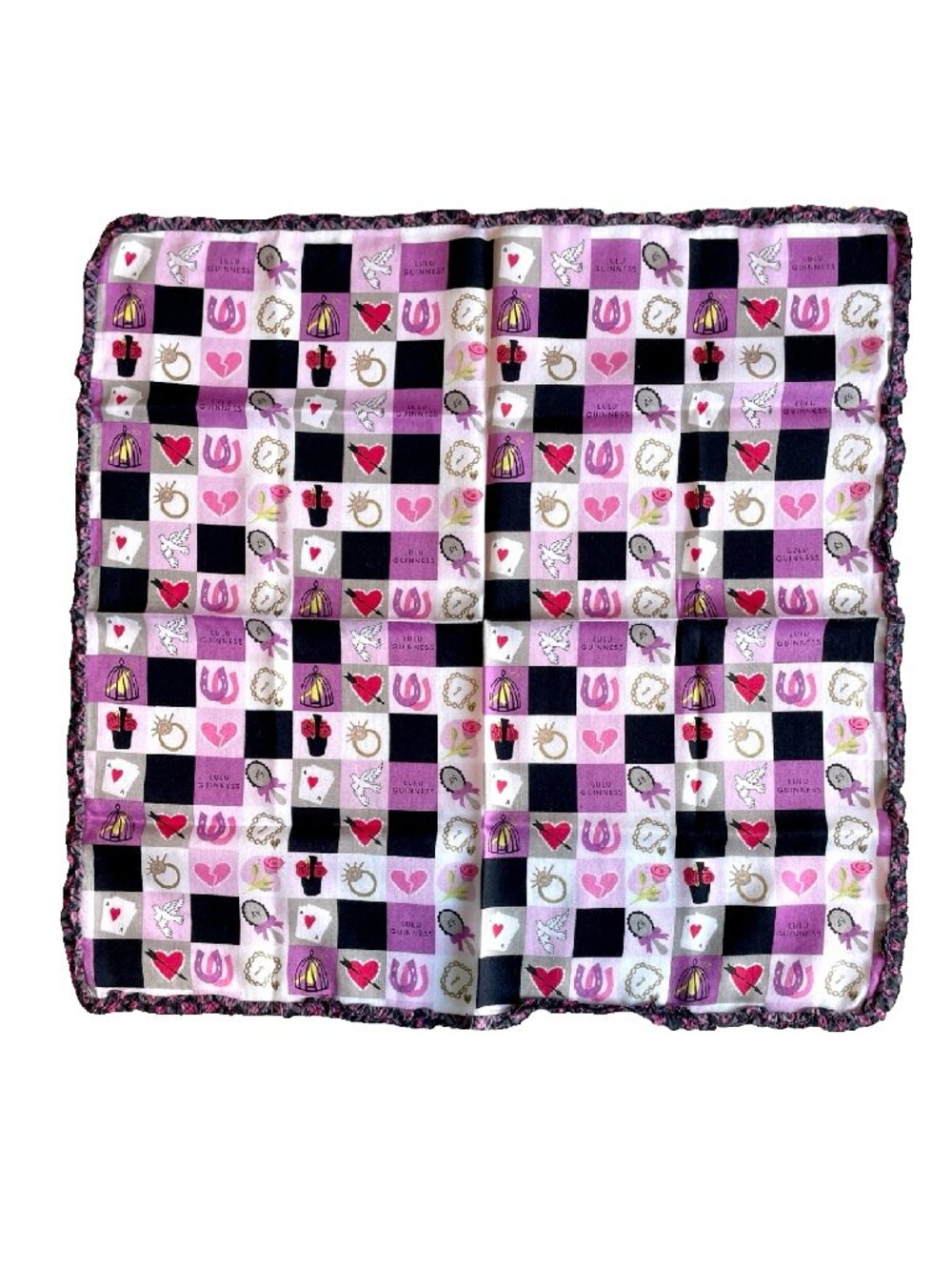 Lulu Guinness London Scarf – Retro Pink Check Pattern, Ruffle Border